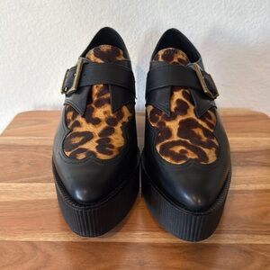 💀Gianni Bini Leather & Leopard Print Calf Hair Platform Creepers